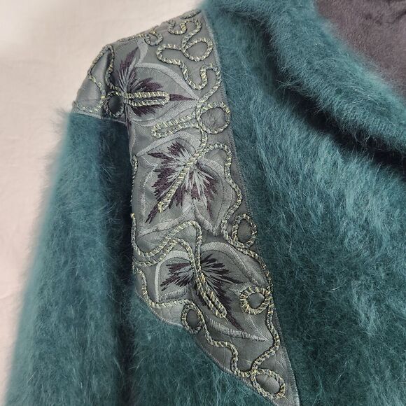 VNTG Belldini Dark Teal Angora Embellished Button Up Lined Sweater Jacket Sz Med - Picture 3 of 16
